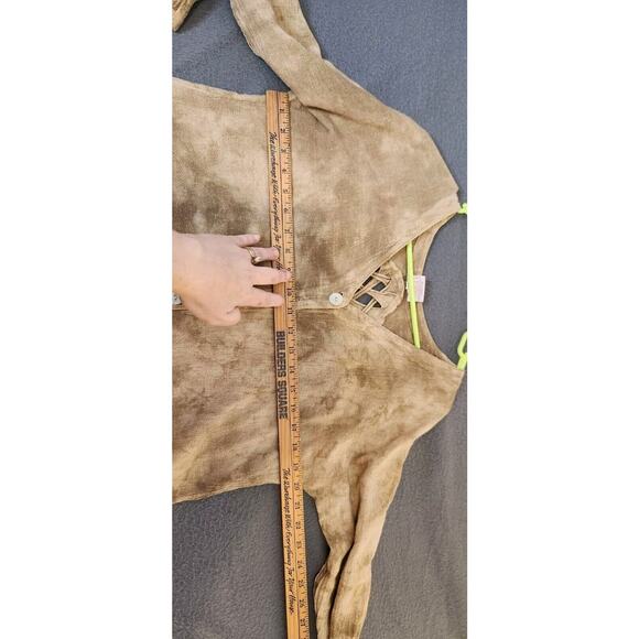 Oh My Gauze 1 (S/M) Fringe Cutout Back Tie Dye Brown Top Lagenlook Shell Buttons - Picture 4 of 9